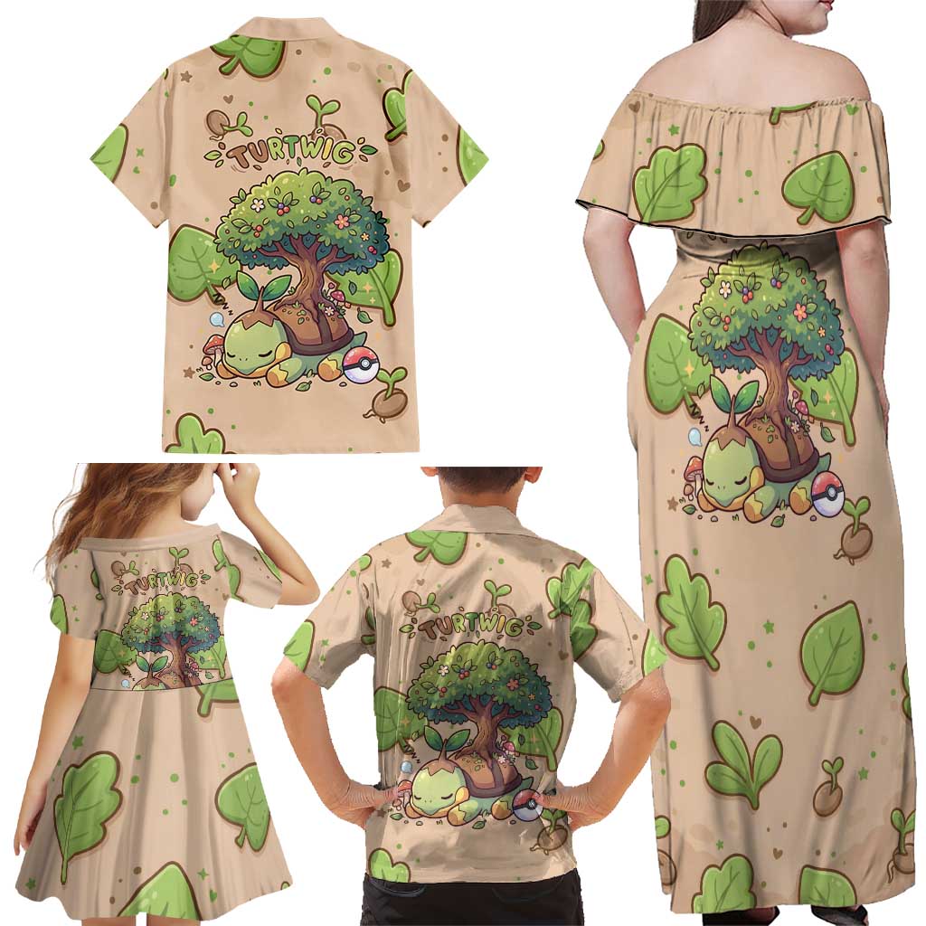 Turtwig Family Matching Off Shoulder Maxi Dress and Hawaiian Shirt Whimsical Forest Sprout Art
