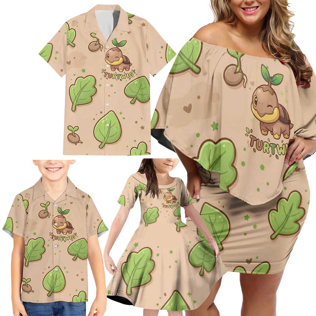 Turtwig Family Matching Off Shoulder Short Dress and Hawaiian Shirt Whimsical Forest Sprout Art