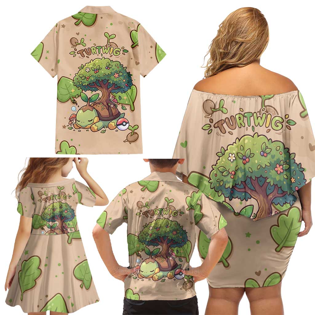 Turtwig Family Matching Off Shoulder Short Dress and Hawaiian Shirt Whimsical Forest Sprout Art