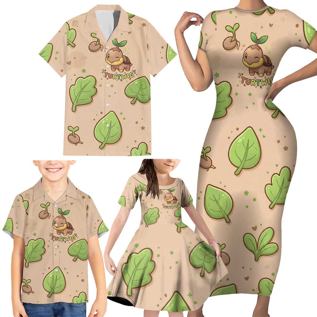 Turtwig Family Matching Short Sleeve Bodycon Dress and Hawaiian Shirt Whimsical Forest Sprout Art