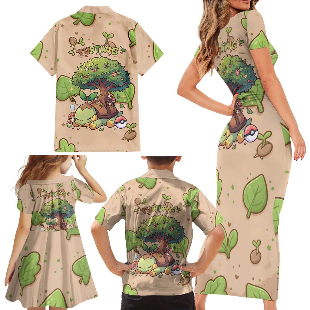 Turtwig Family Matching Short Sleeve Bodycon Dress and Hawaiian Shirt Whimsical Forest Sprout Art