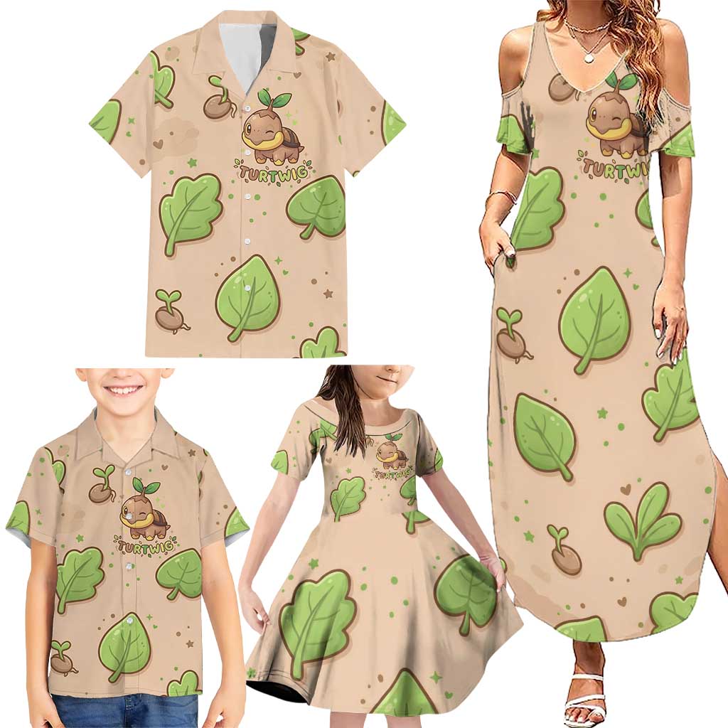 Turtwig Family Matching Summer Maxi Dress and Hawaiian Shirt Whimsical Forest Sprout Art