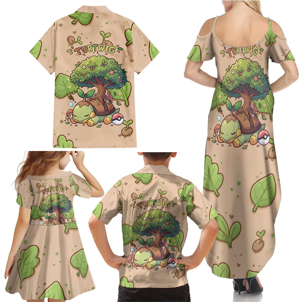 Turtwig Family Matching Summer Maxi Dress and Hawaiian Shirt Whimsical Forest Sprout Art