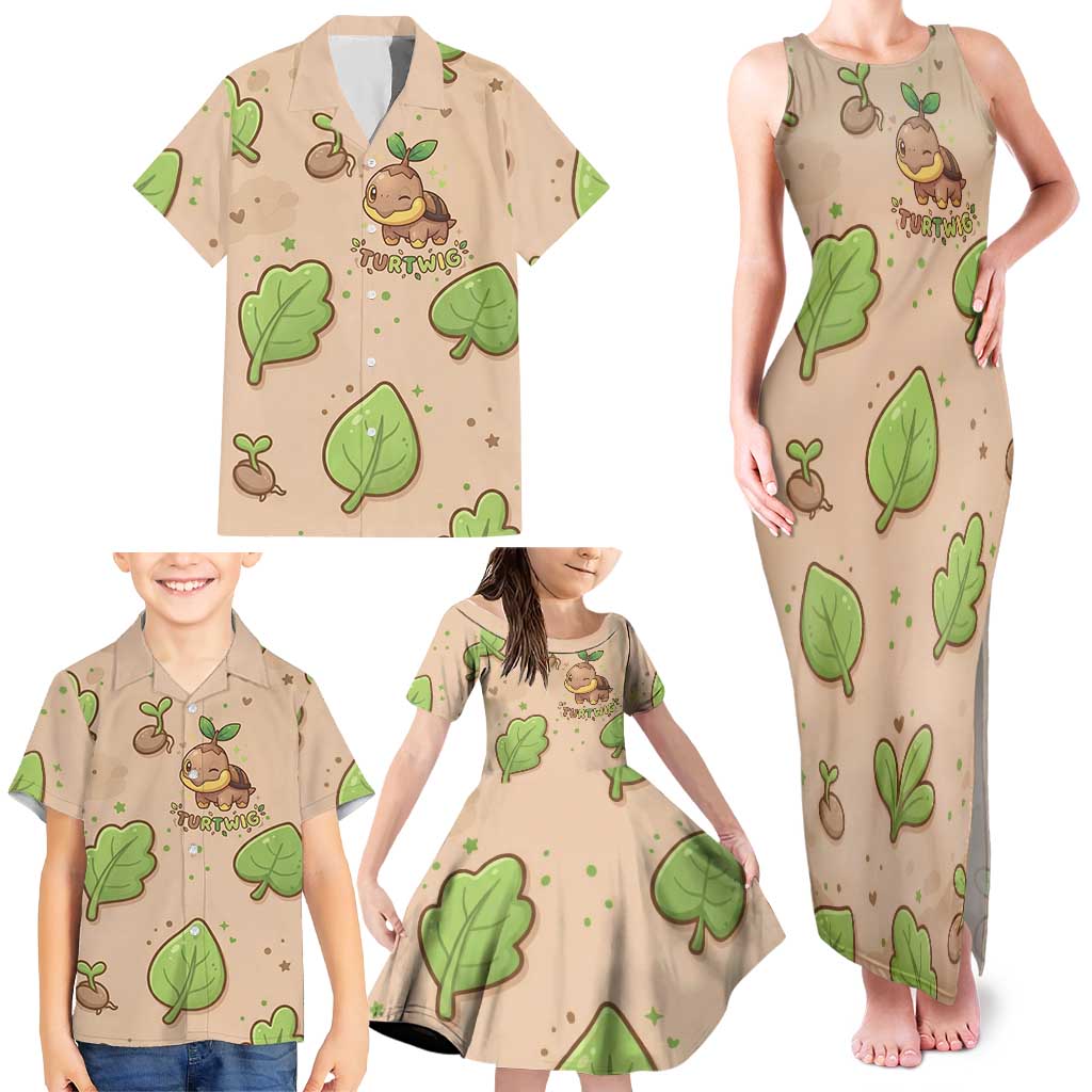 Turtwig Family Matching Tank Maxi Dress and Hawaiian Shirt Whimsical Forest Sprout Art