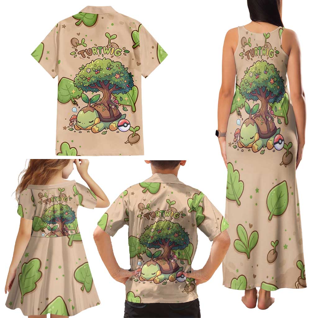 Turtwig Family Matching Tank Maxi Dress and Hawaiian Shirt Whimsical Forest Sprout Art