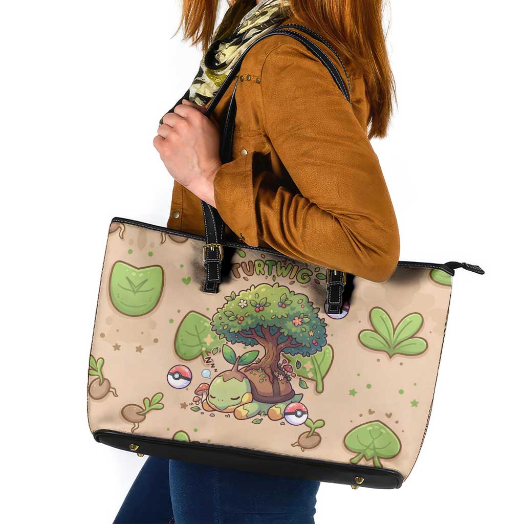Turtwig Leather Tote Bag Whimsical Forest Sprout Art