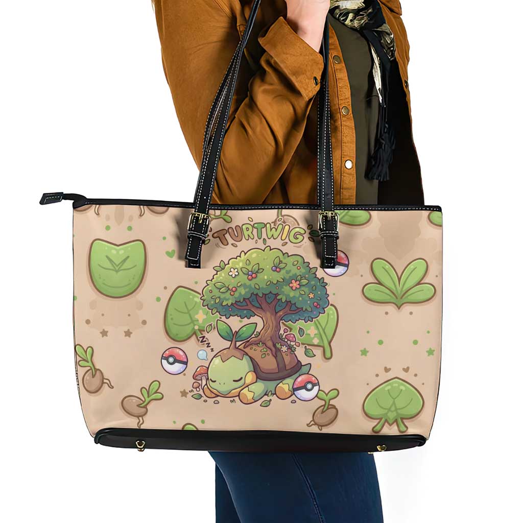 Turtwig Leather Tote Bag Whimsical Forest Sprout Art