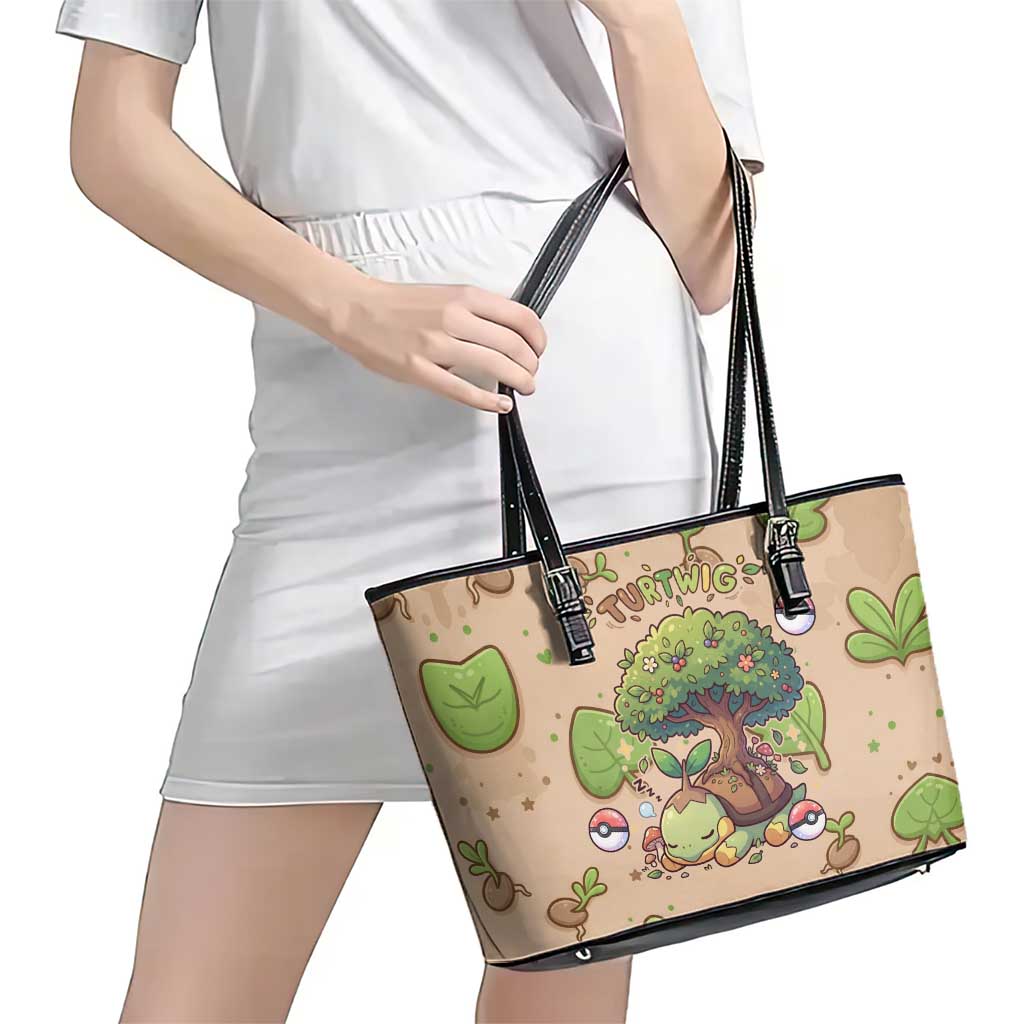 Turtwig Leather Tote Bag Whimsical Forest Sprout Art