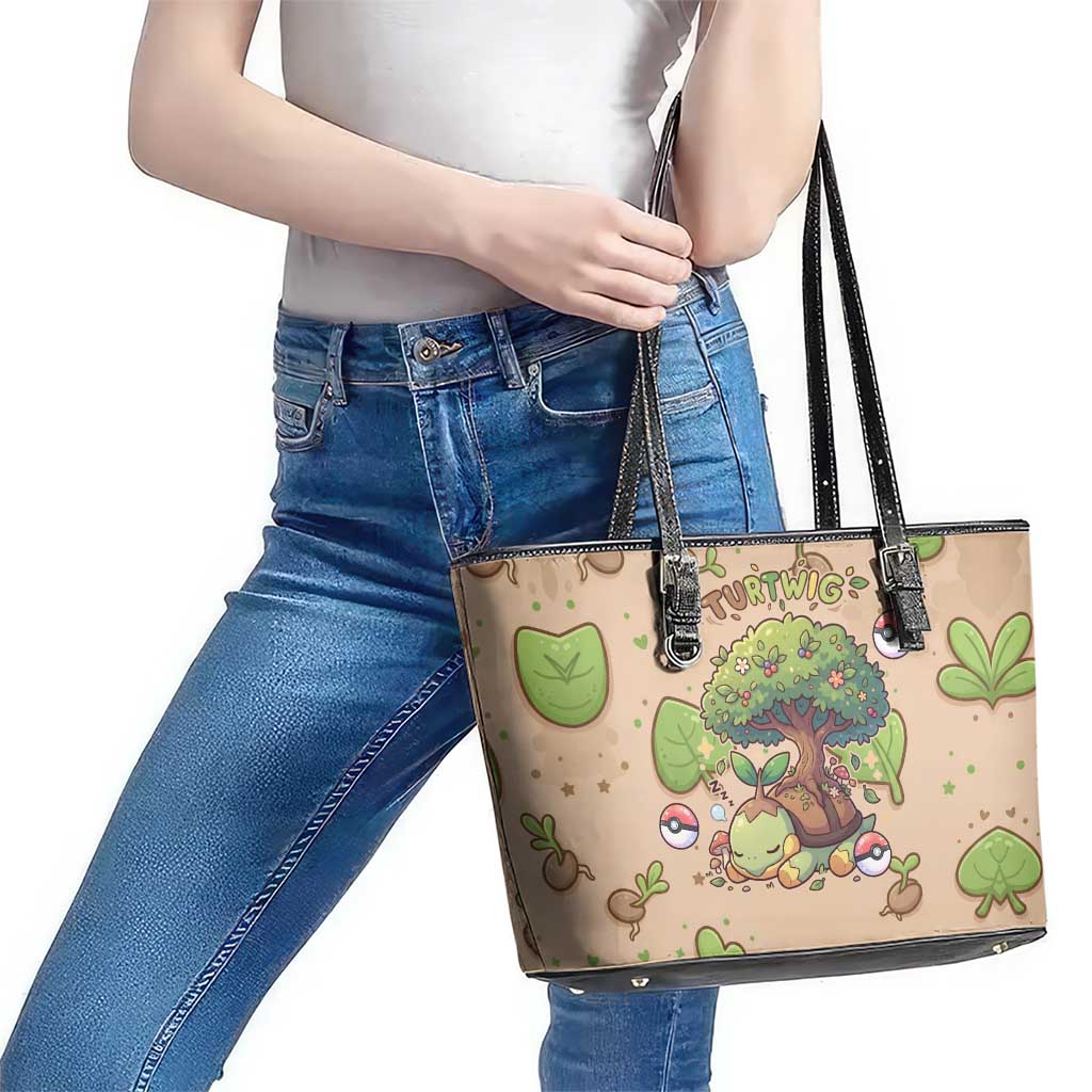 Turtwig Leather Tote Bag Whimsical Forest Sprout Art