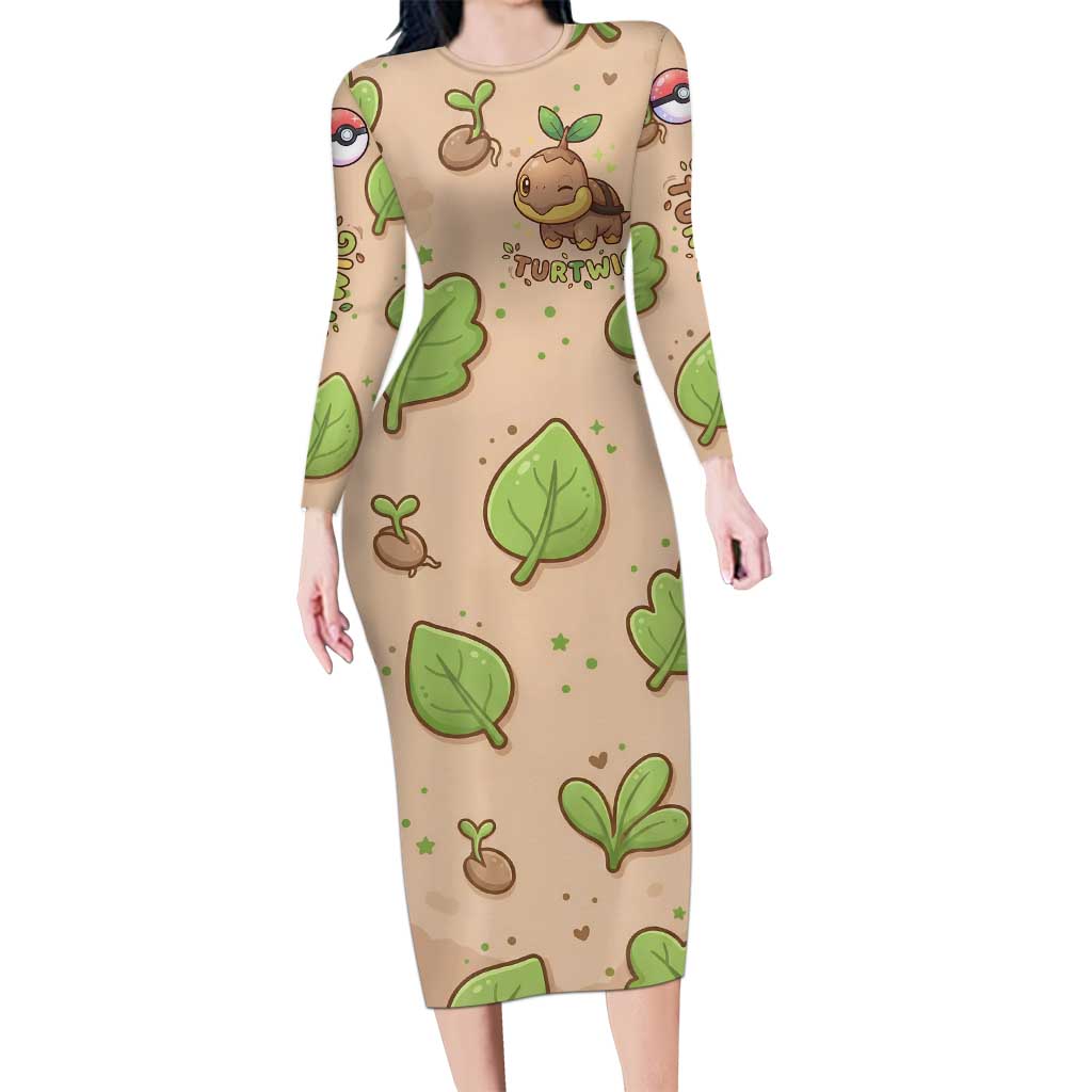 Turtwig Long Sleeve Bodycon Dress Whimsical Forest Sprout Art