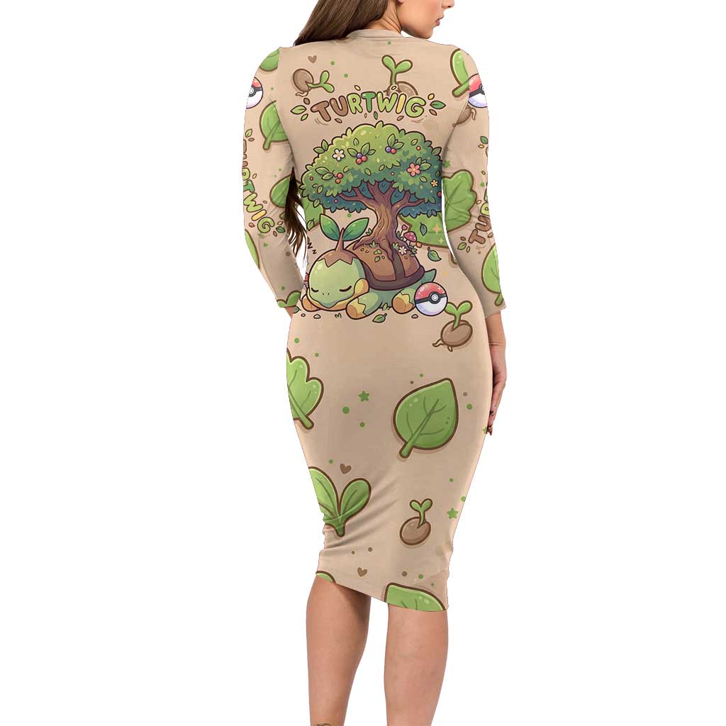 Turtwig Long Sleeve Bodycon Dress Whimsical Forest Sprout Art