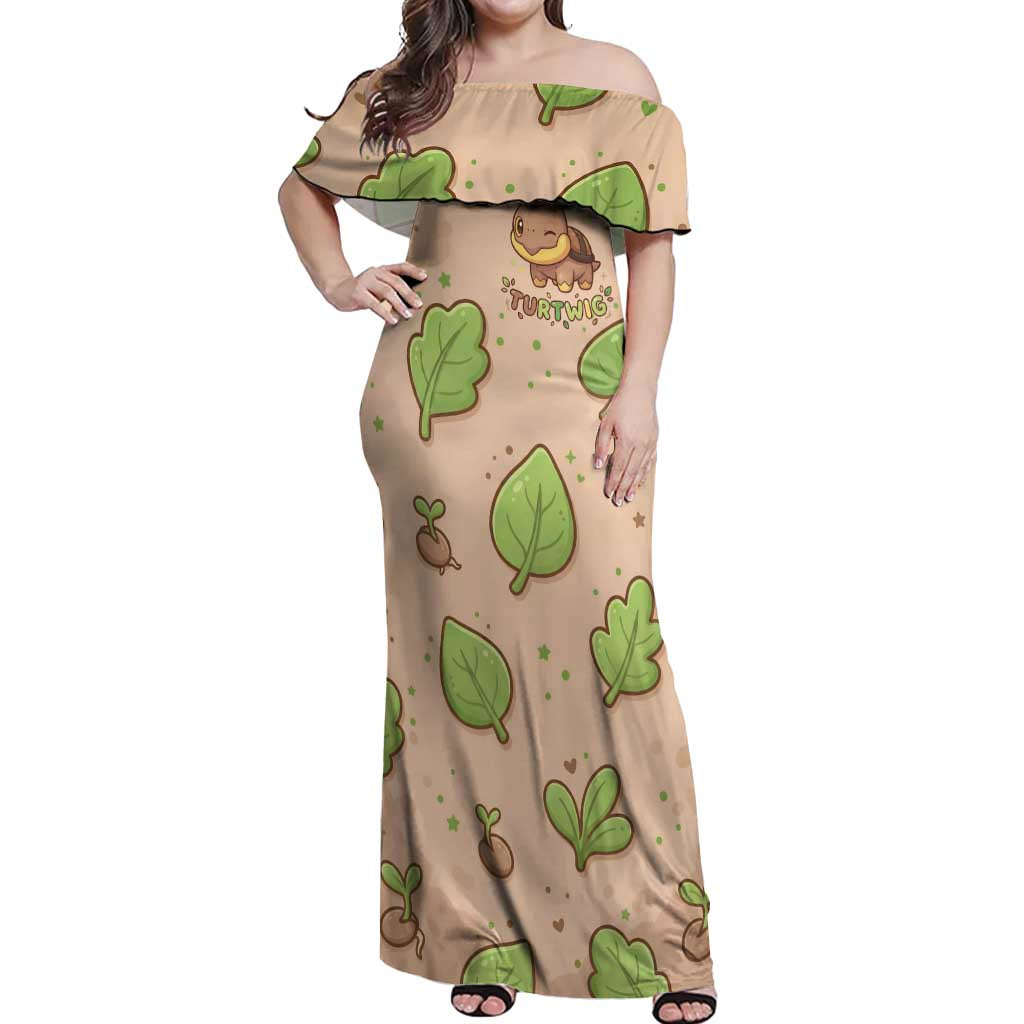 Turtwig Off Shoulder Maxi Dress Whimsical Forest Sprout Art