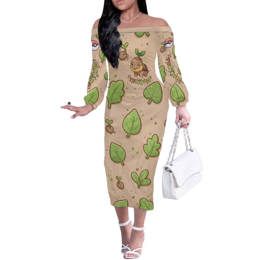 Turtwig Off The Shoulder Long Sleeve Dress Whimsical Forest Sprout Art