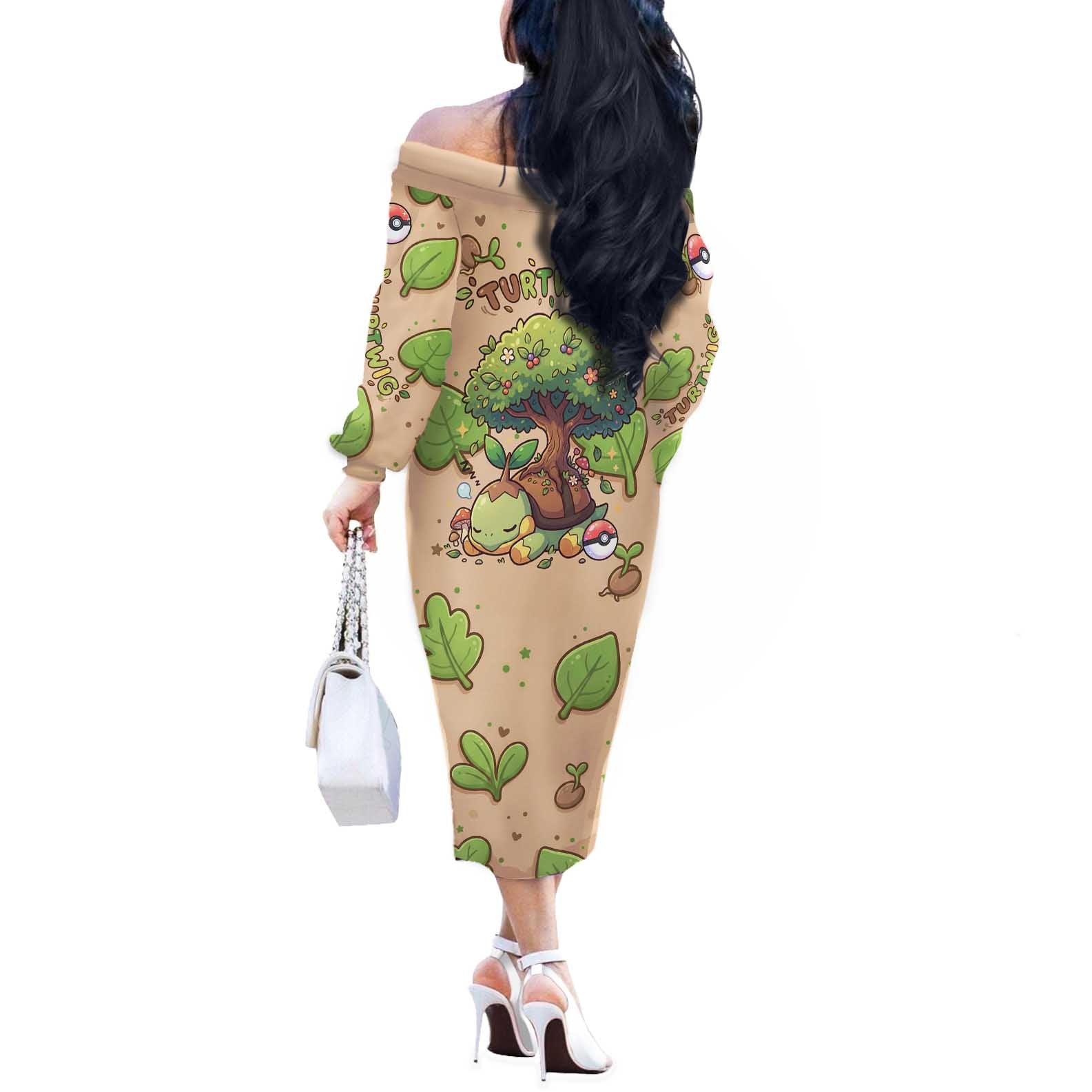 Turtwig Off The Shoulder Long Sleeve Dress Whimsical Forest Sprout Art