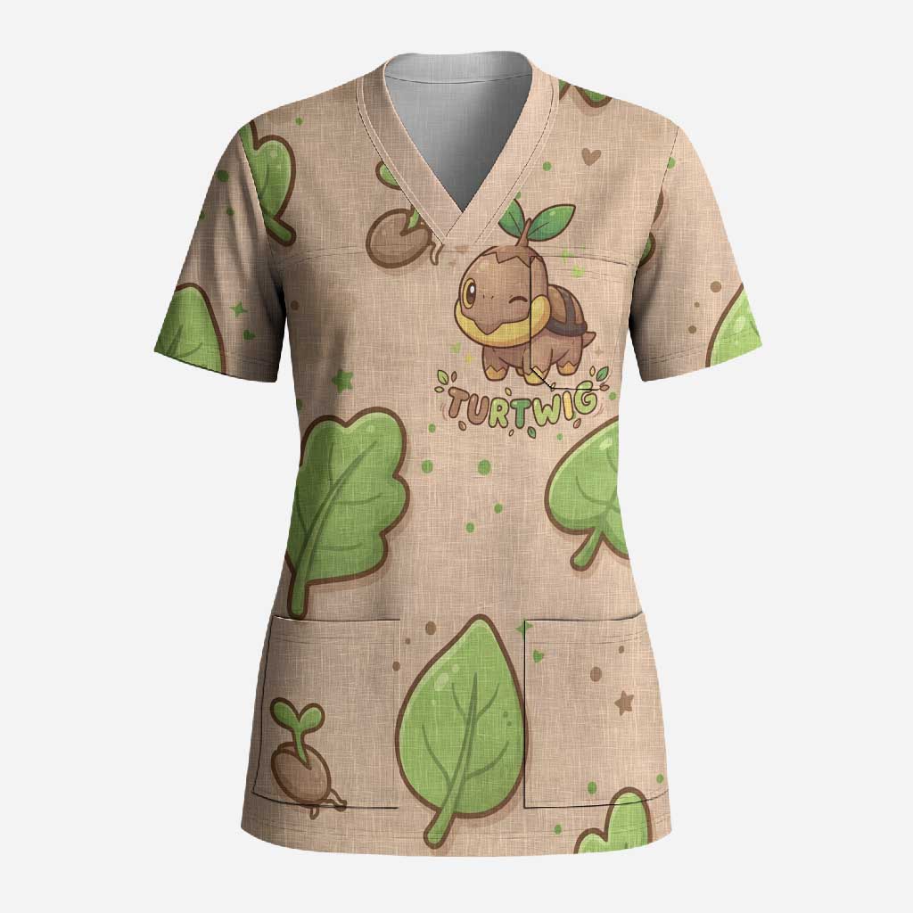 Turtwig Scrub Top Whimsical Forest Sprout Art
