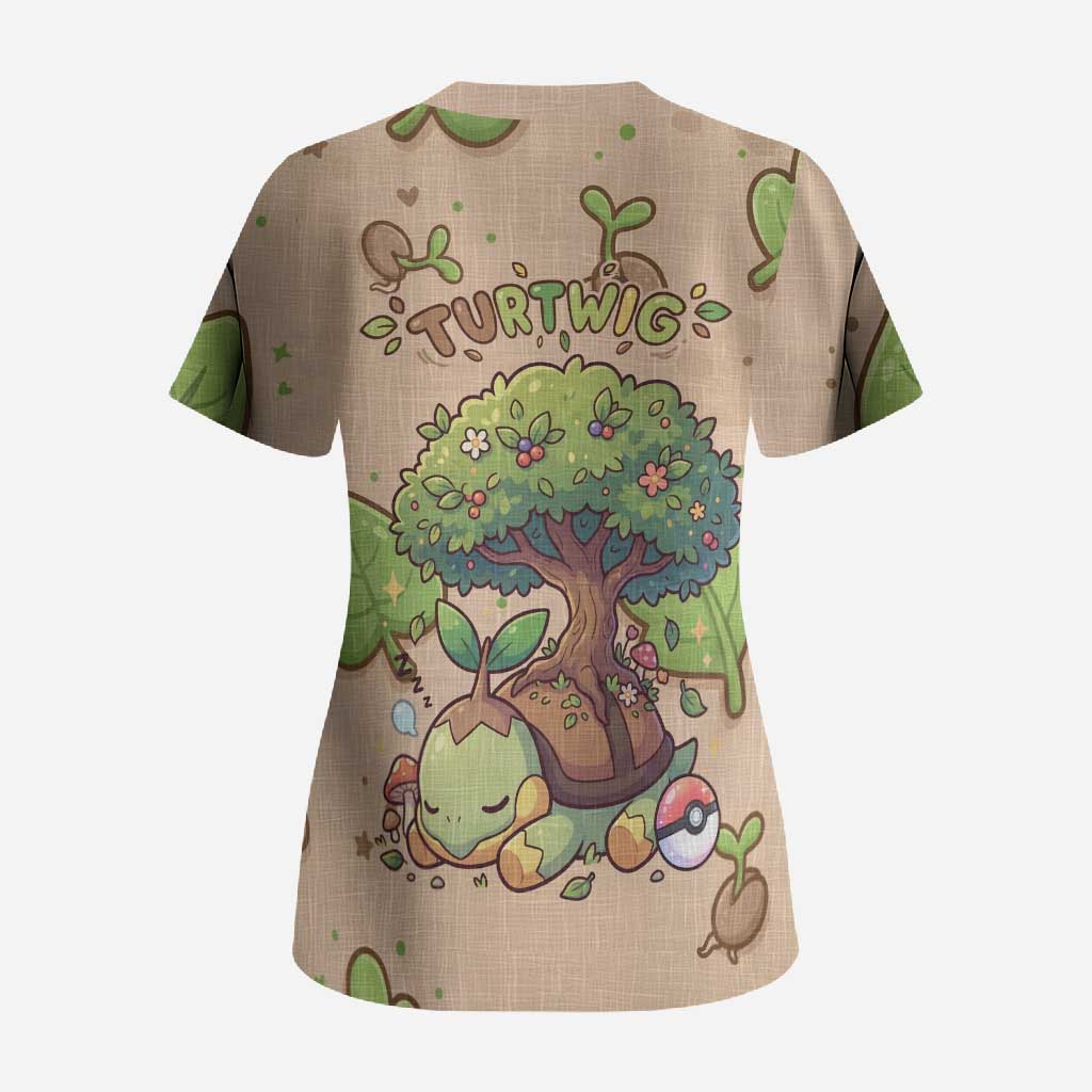 Turtwig Scrub Top Whimsical Forest Sprout Art
