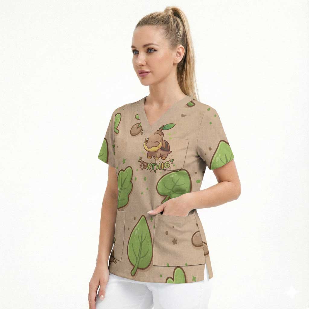 Turtwig Scrub Top Whimsical Forest Sprout Art