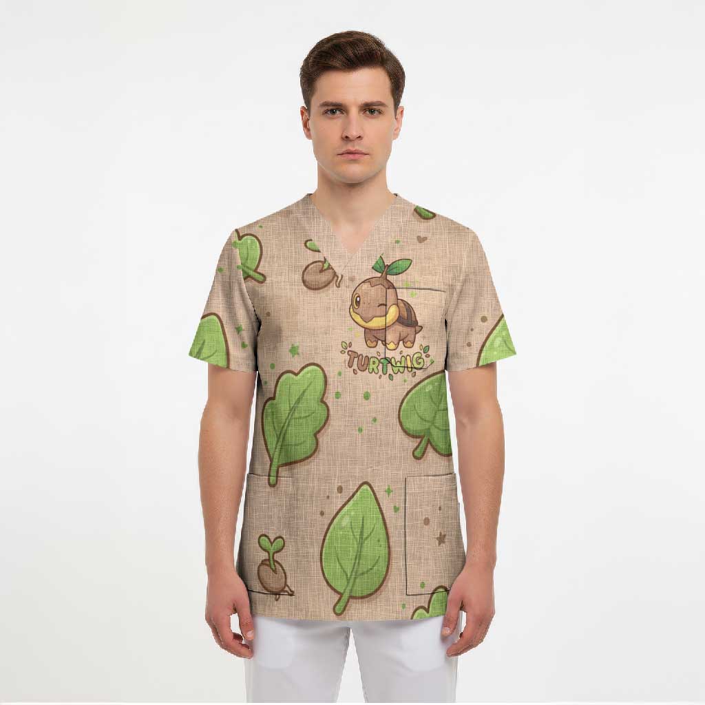 Turtwig Scrub Top Whimsical Forest Sprout Art