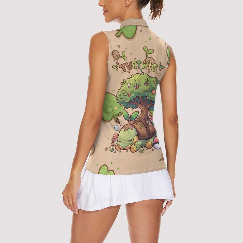 Turtwig Women Sleeveless Polo Shirt Whimsical Forest Sprout Art