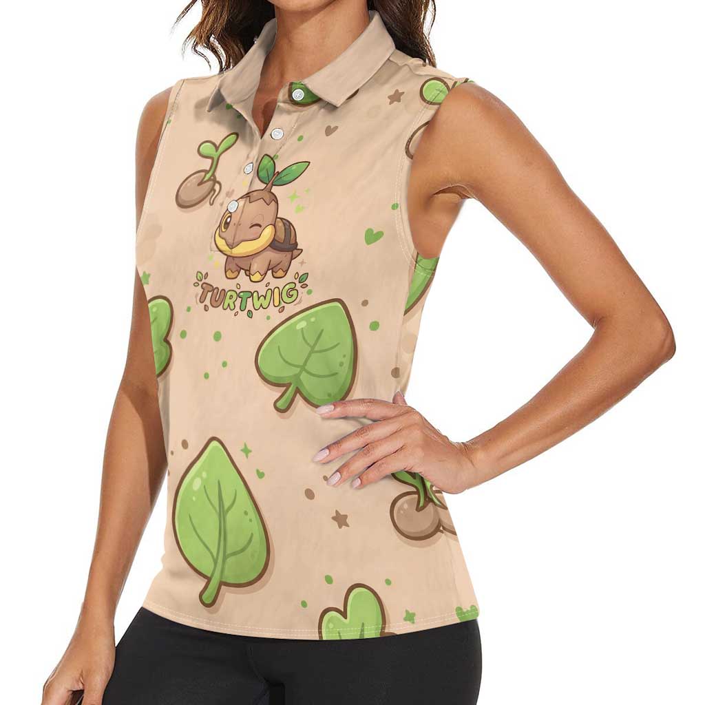 Turtwig Women Sleeveless Polo Shirt Whimsical Forest Sprout Art
