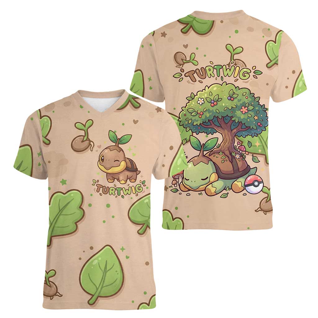 Turtwig Women V-Neck T-Shirt Whimsical Forest Sprout Art