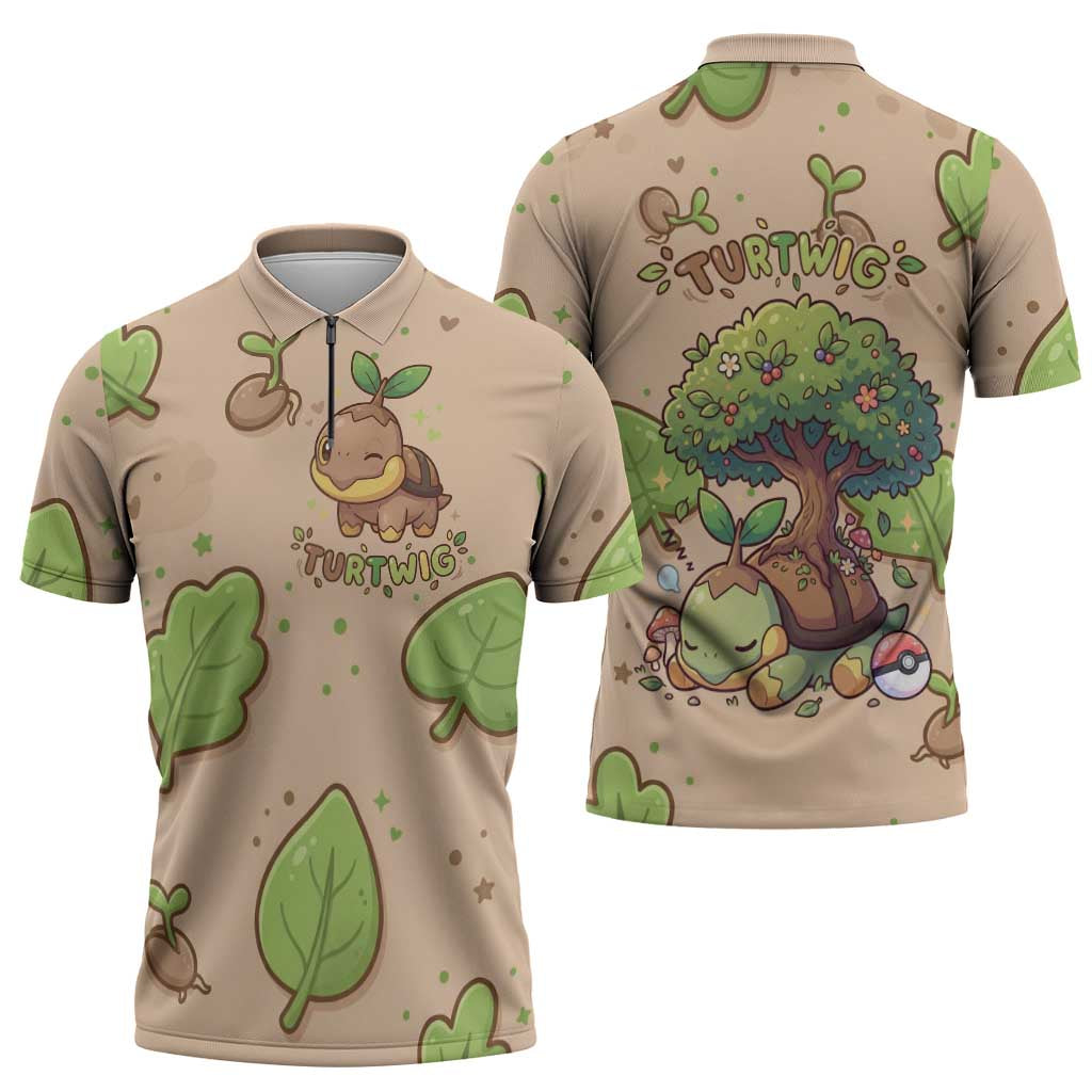 Turtwig Zipper Polo Shirt Whimsical Forest Sprout Art