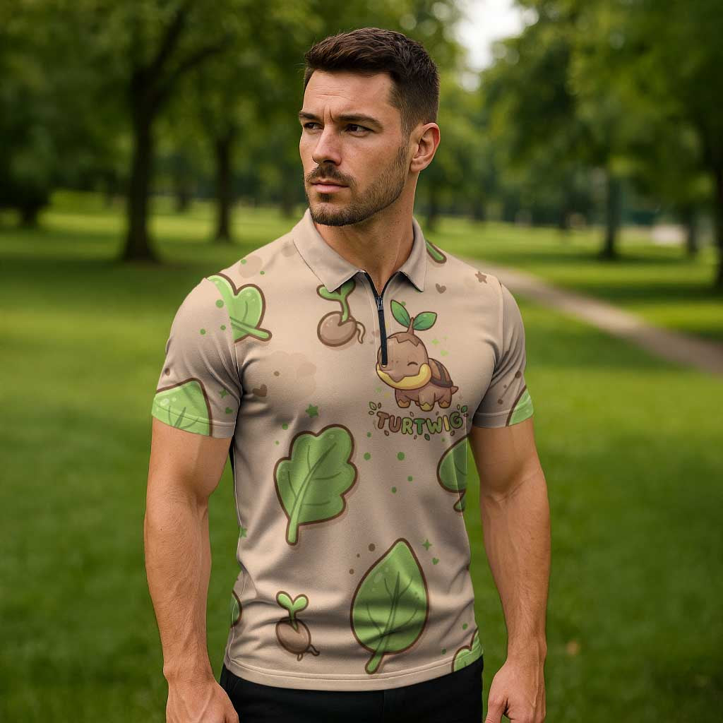 Turtwig Zipper Polo Shirt Whimsical Forest Sprout Art