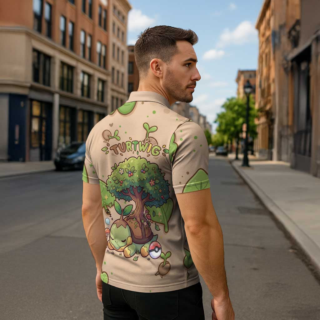 Turtwig Zipper Polo Shirt Whimsical Forest Sprout Art