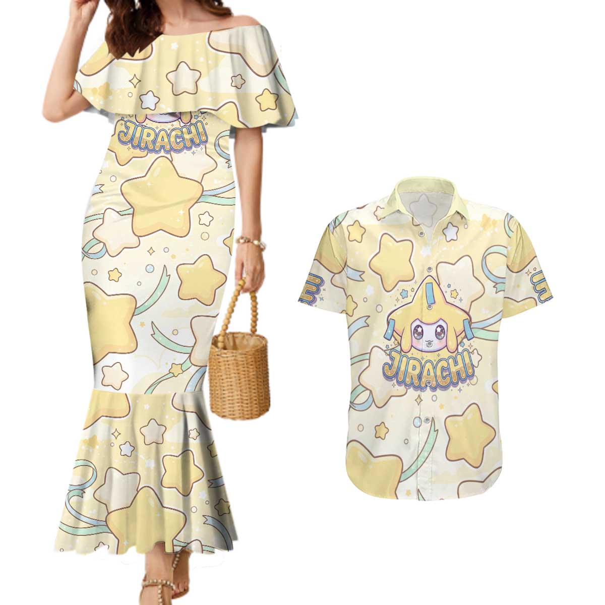 Jirachi Couples Matching Mermaid Dress and Hawaiian Shirt Pastel Dreamy Starwish Art