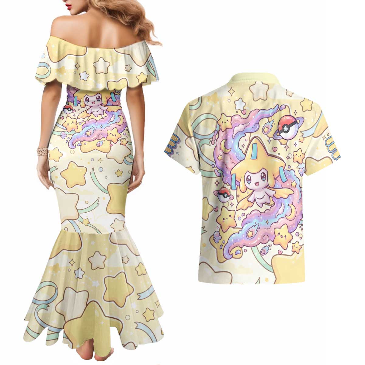 Jirachi Couples Matching Mermaid Dress and Hawaiian Shirt Pastel Dreamy Starwish Art