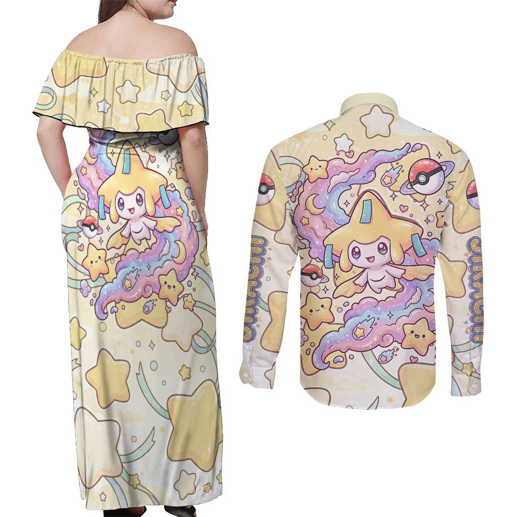 Jirachi Couples Matching Off Shoulder Maxi Dress and Long Sleeve Button Shirt Pastel Dreamy Starwish Art
