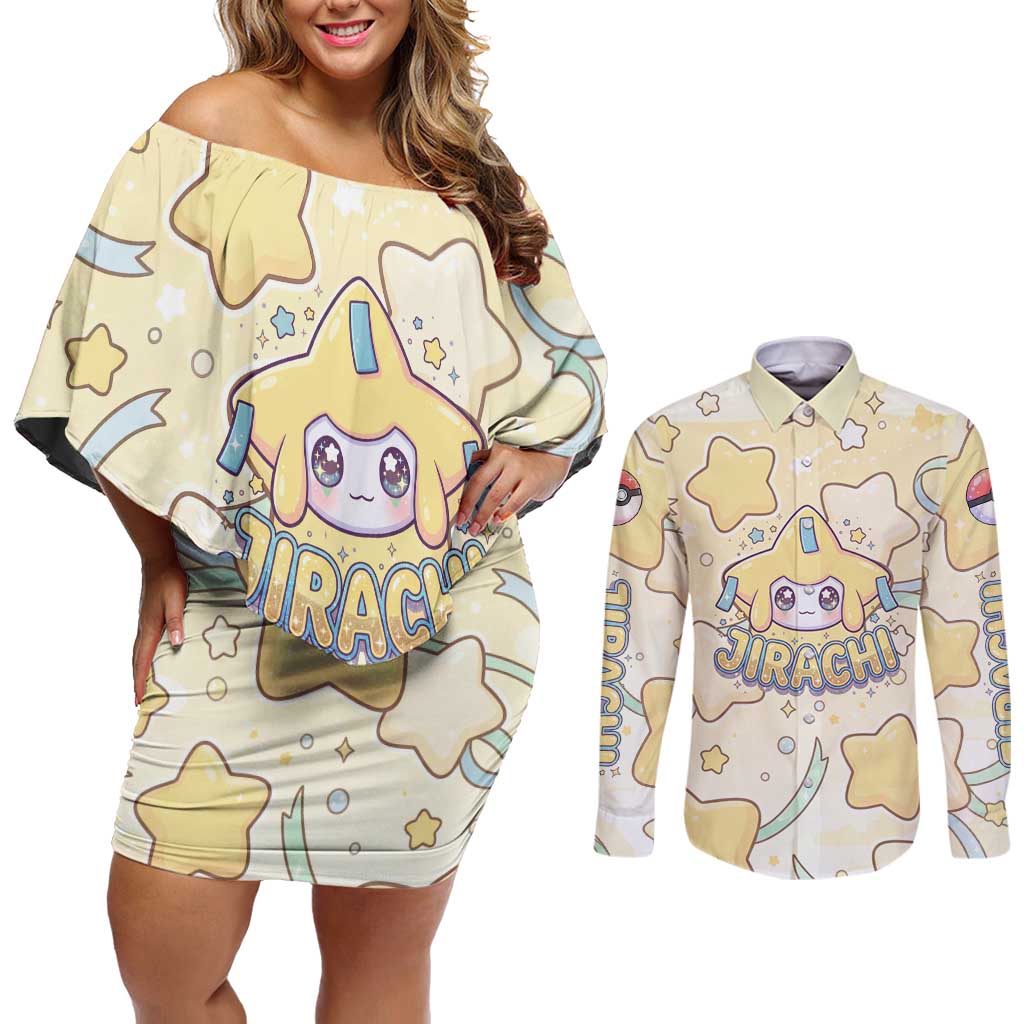 Jirachi Couples Matching Off Shoulder Short Dress and Long Sleeve Button Shirt Pastel Dreamy Starwish Art