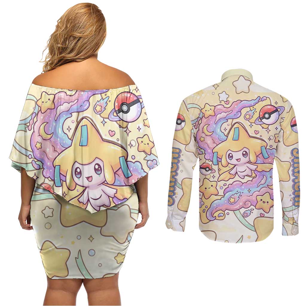 Jirachi Couples Matching Off Shoulder Short Dress and Long Sleeve Button Shirt Pastel Dreamy Starwish Art