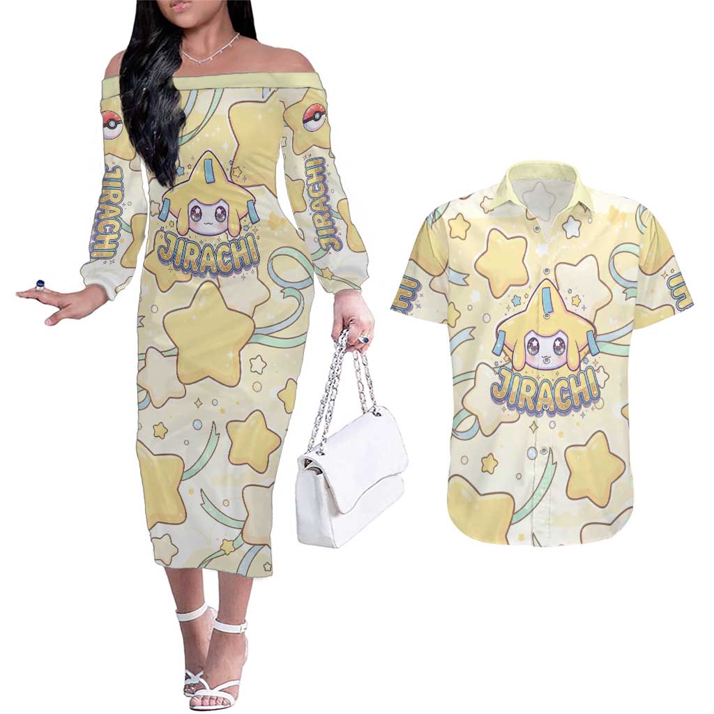 Jirachi Couples Matching Off The Shoulder Long Sleeve Dress and Hawaiian Shirt Pastel Dreamy Starwish Art