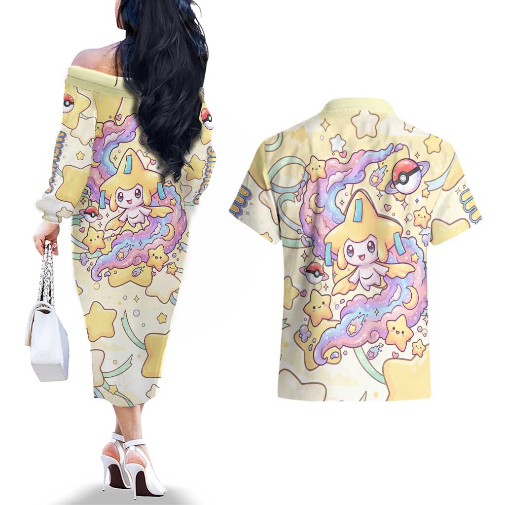 Jirachi Couples Matching Off The Shoulder Long Sleeve Dress and Hawaiian Shirt Pastel Dreamy Starwish Art