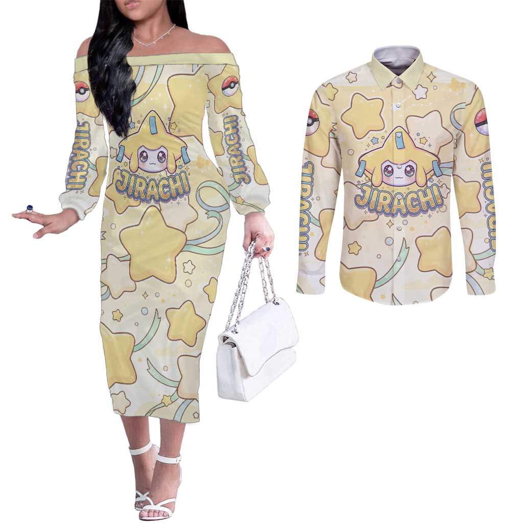 Jirachi Couples Matching Off The Shoulder Long Sleeve Dress and Long Sleeve Button Shirt Pastel Dreamy Starwish Art