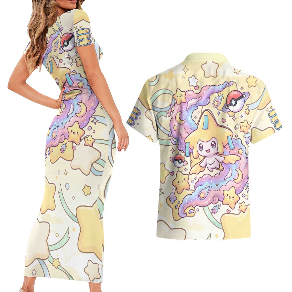Jirachi Couples Matching Short Sleeve Bodycon Dress and Hawaiian Shirt Pastel Dreamy Starwish Art