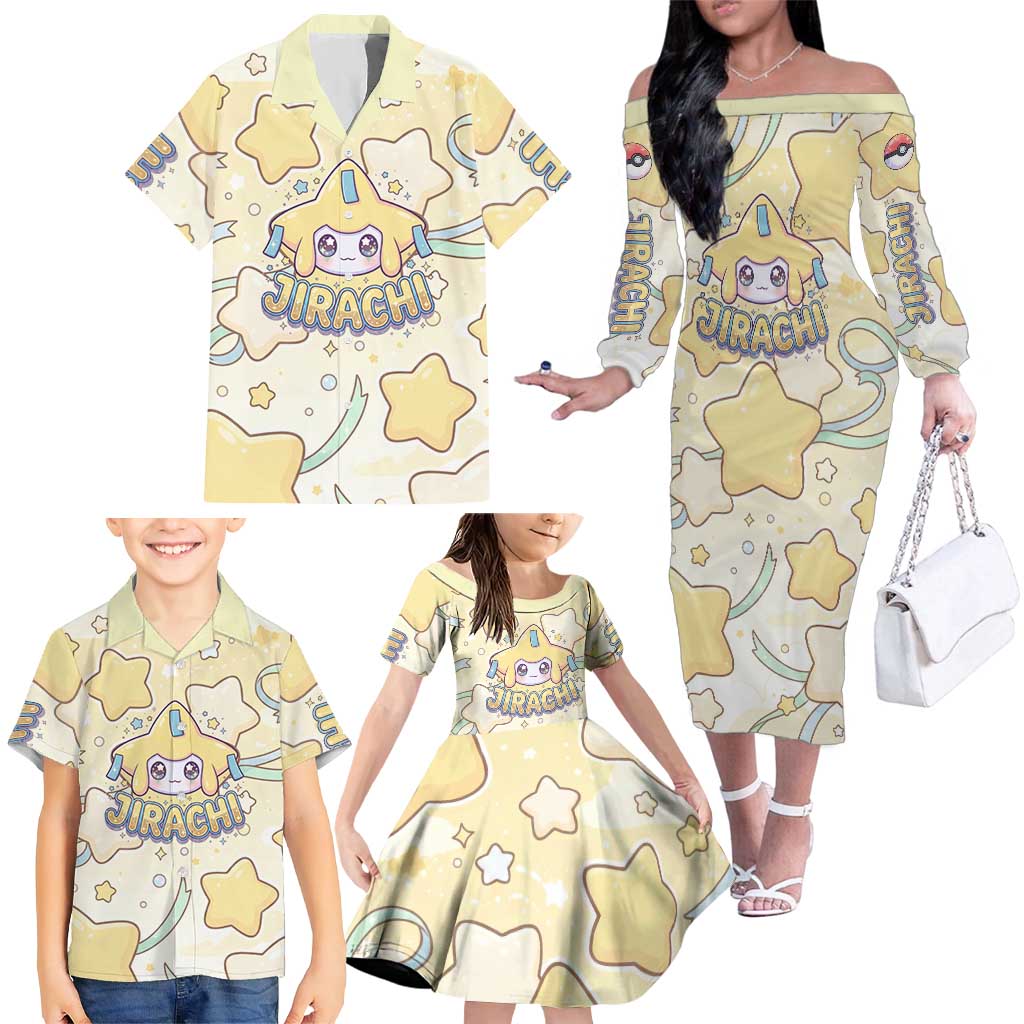 Jirachi Family Matching Off The Shoulder Long Sleeve Dress and Hawaiian Shirt Pastel Dreamy Starwish Art