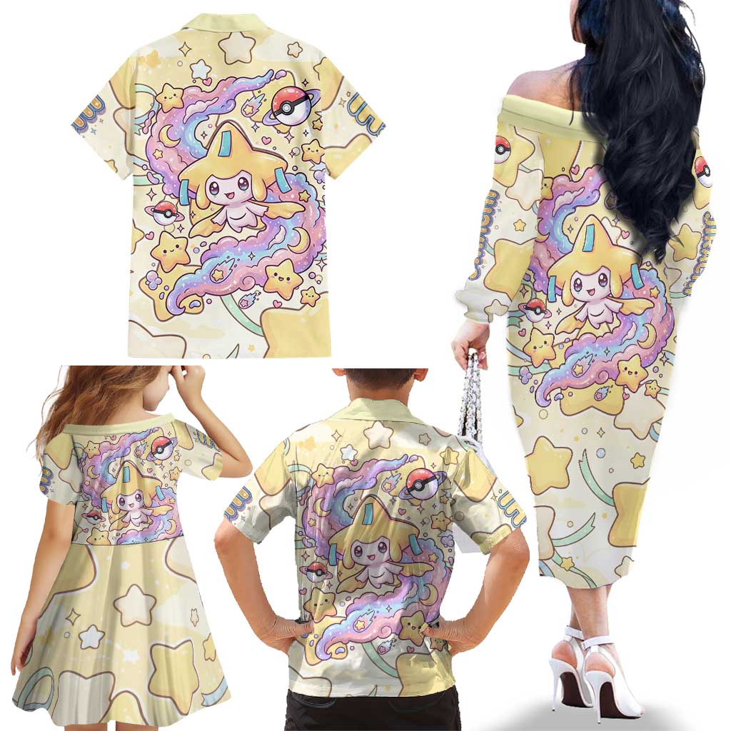 Jirachi Family Matching Off The Shoulder Long Sleeve Dress and Hawaiian Shirt Pastel Dreamy Starwish Art