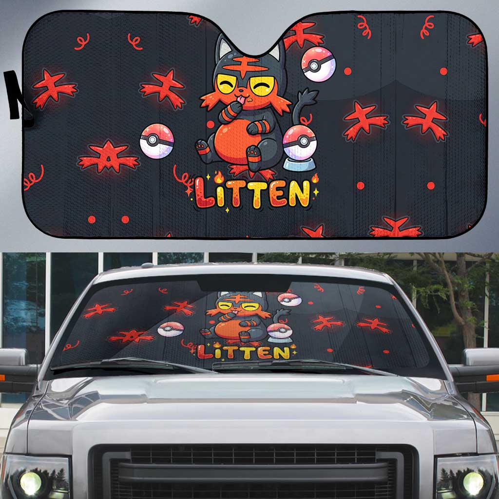 Litten Auto Sun Shade Playful Ember Cartoon Art