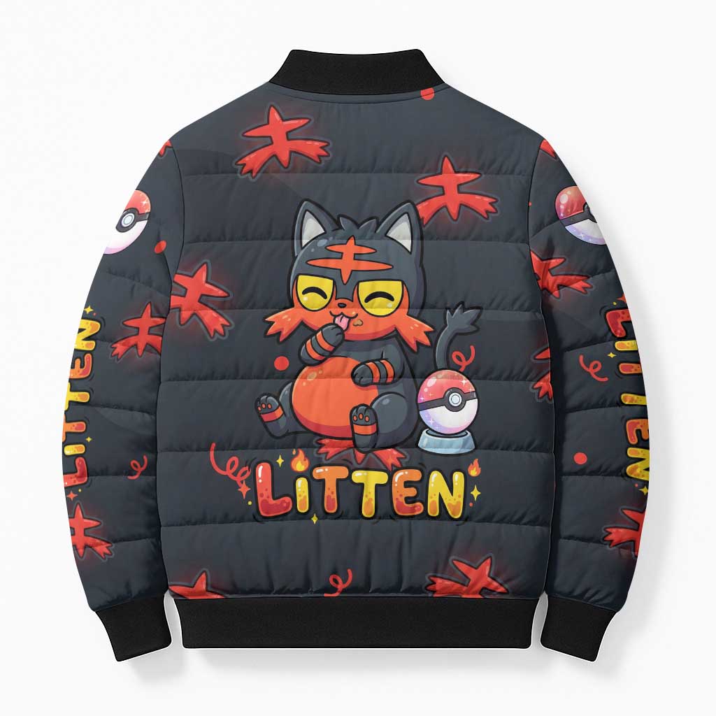 Litten Bomber Puffer Jacket Playful Ember Cartoon Art