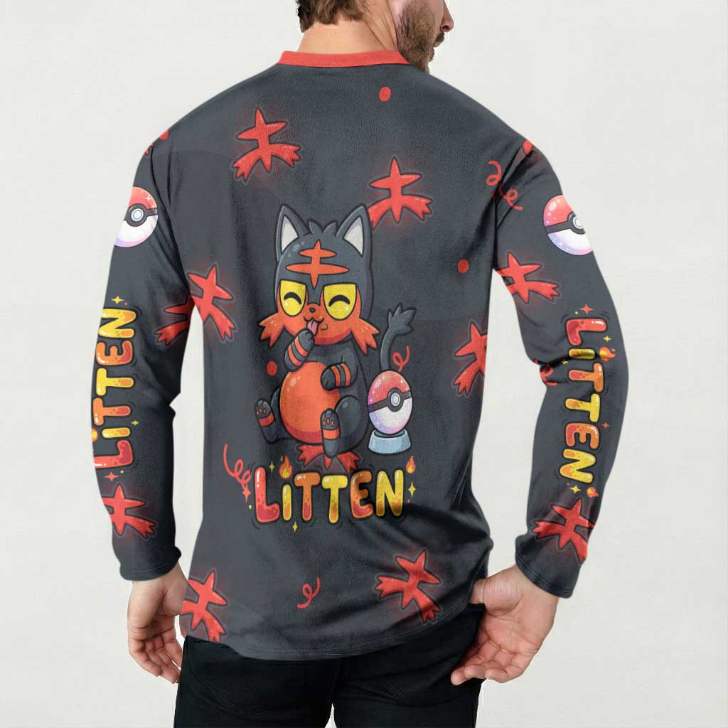 Litten Button Sweatshirt Playful Ember Cartoon Art