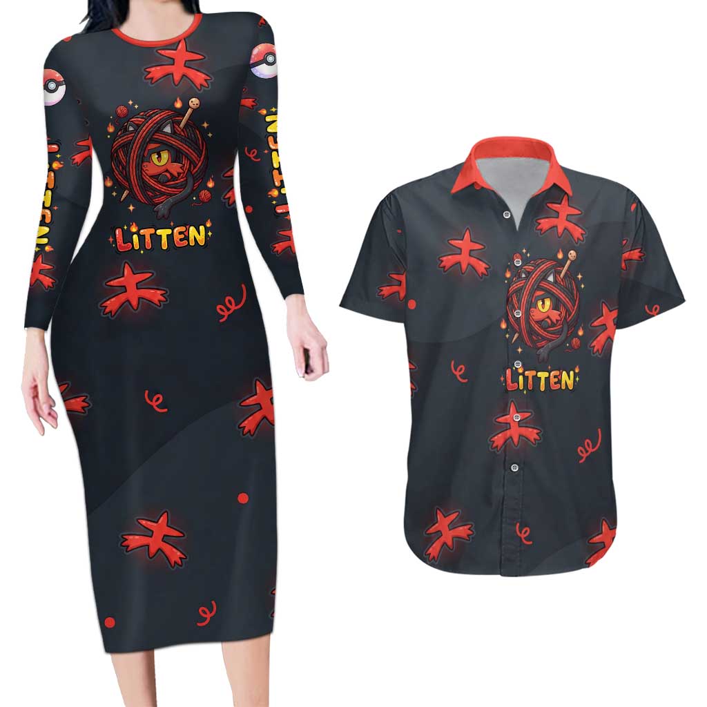 Litten Couples Matching Long Sleeve Bodycon Dress and Hawaiian Shirt Playful Ember Cartoon Art