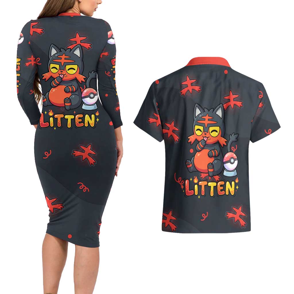 Litten Couples Matching Long Sleeve Bodycon Dress and Hawaiian Shirt Playful Ember Cartoon Art