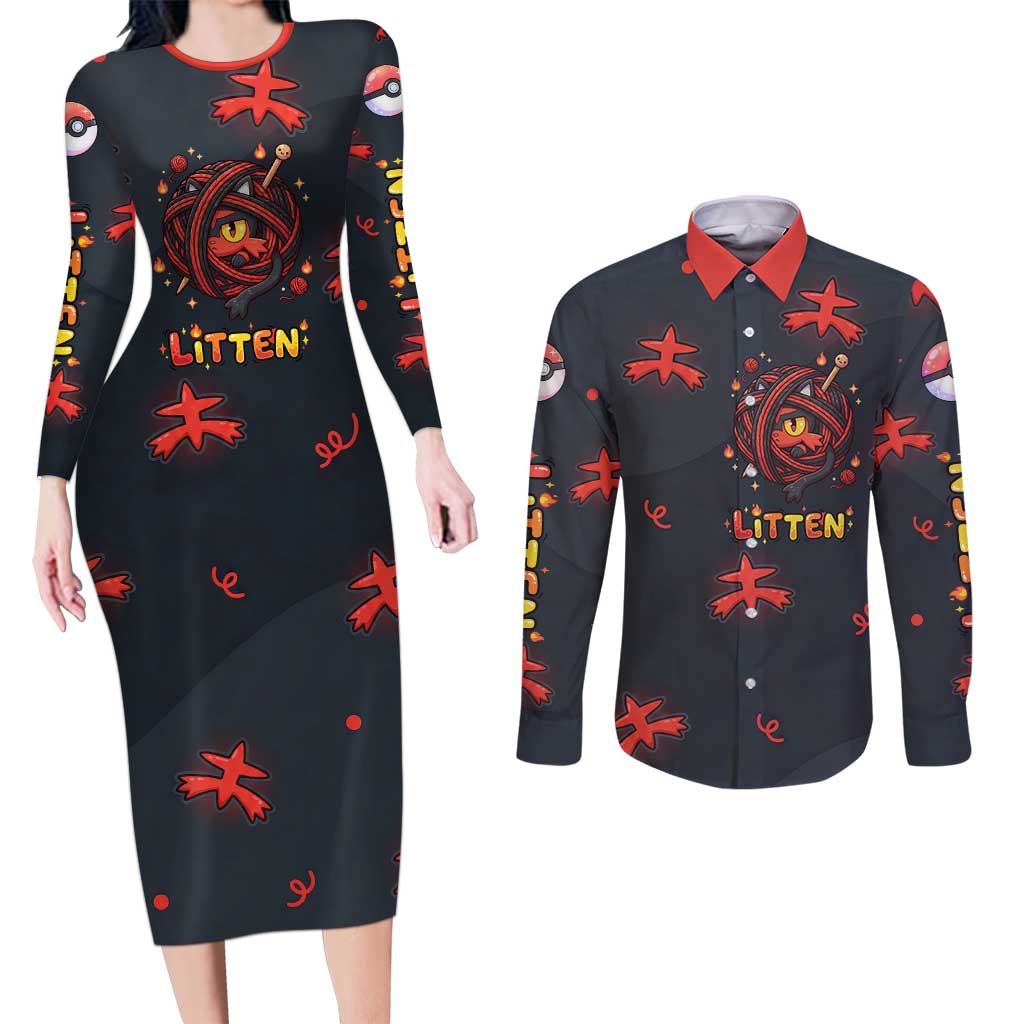 Litten Couples Matching Long Sleeve Bodycon Dress and Long Sleeve Button Shirt Playful Ember Cartoon Art