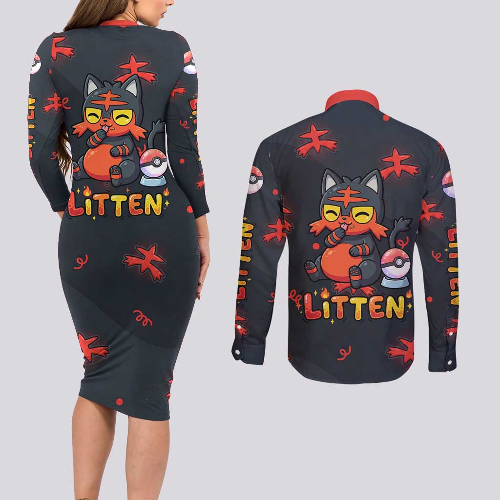 Litten Couples Matching Long Sleeve Bodycon Dress and Long Sleeve Button Shirt Playful Ember Cartoon Art