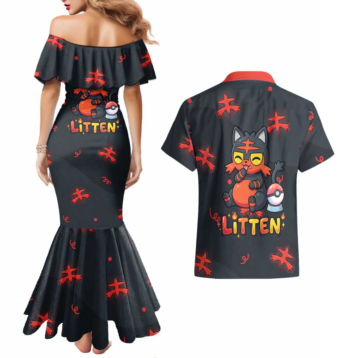 Litten Couples Matching Mermaid Dress and Hawaiian Shirt Playful Ember Cartoon Art
