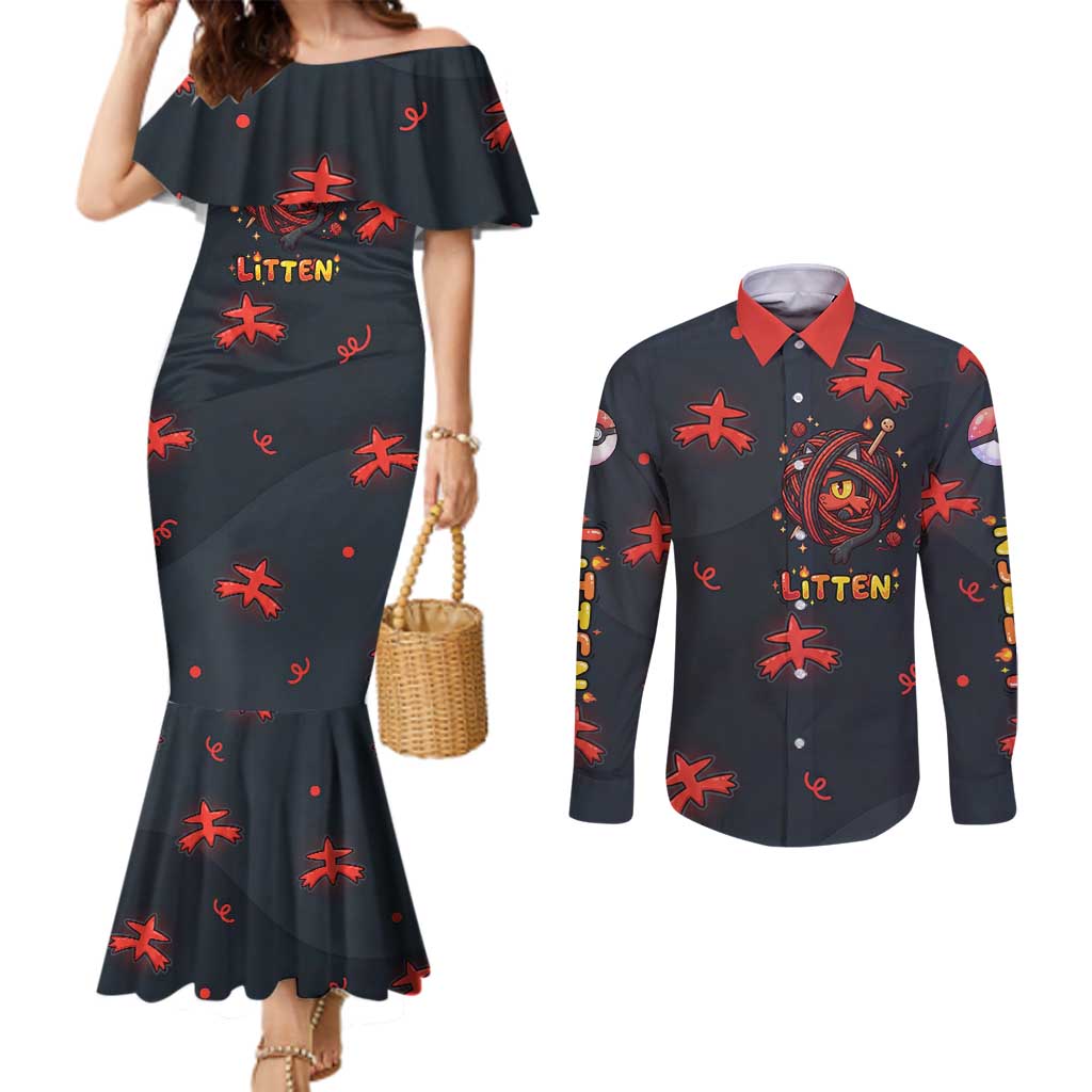 Litten Couples Matching Mermaid Dress and Long Sleeve Button Shirt Playful Ember Cartoon Art