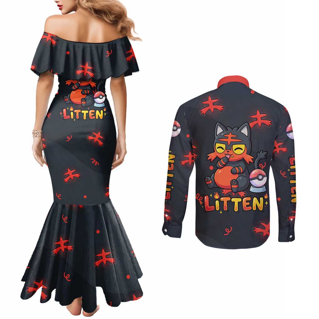 Litten Couples Matching Mermaid Dress and Long Sleeve Button Shirt Playful Ember Cartoon Art