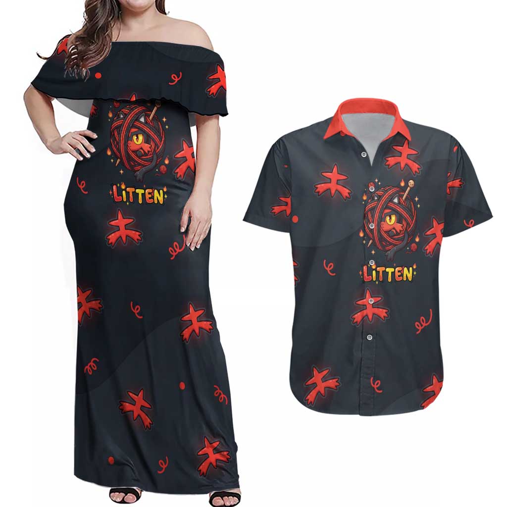 Litten Couples Matching Off Shoulder Maxi Dress and Hawaiian Shirt Playful Ember Cartoon Art